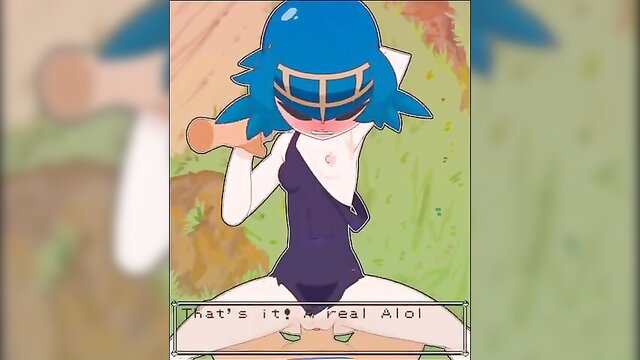 Pokemon hentai Luna in swimsuit sucking Ash's cock closeup