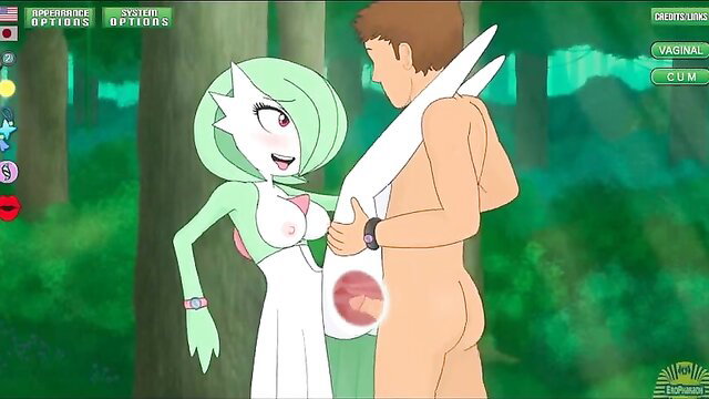 Gardevoir gropes man's bulging cock in forest hentai sex game