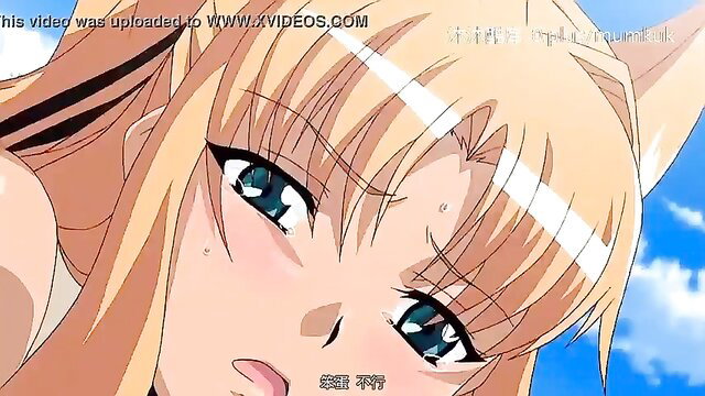 Blonde anime catgirl witch with fox ears, flushed face in hentai tentacle scene