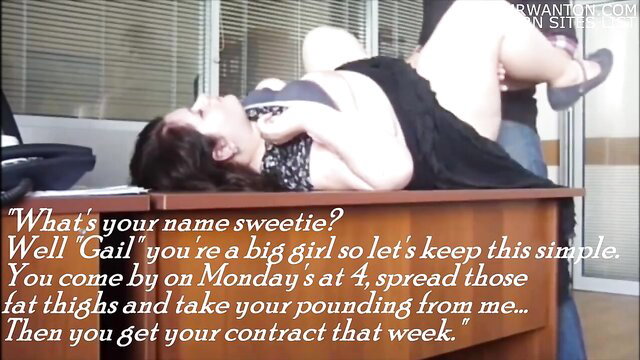 Thick brunette office girl spreads fat thighs on desk for boss pounding