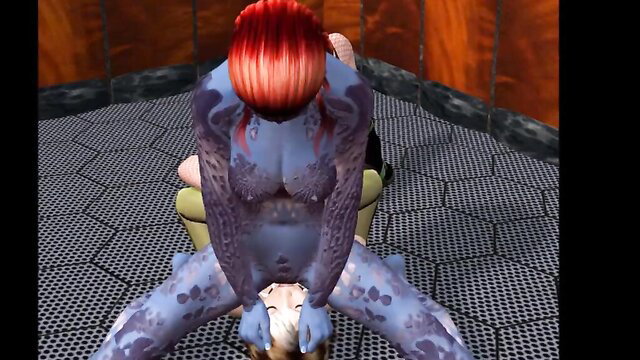 Mystique riding cock in X-Men parody porn, blue skin babe bounces