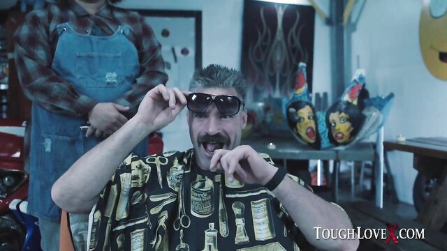 Kiarra Kai with mechanic in Hawaiian shirt trying on shades pre-trim fuck