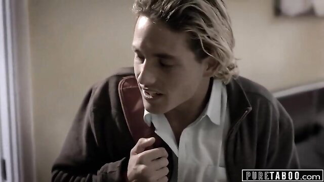 Whitney Wright smiles seductively as nerdy brother in cardigan