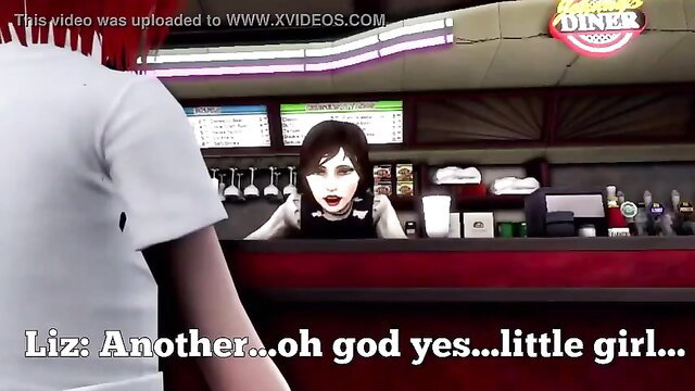 Hot goth waitress Liz serves customer at diner counter, explicit adult scene