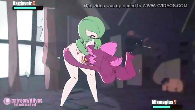Gardevoir tribbing Mismagius in intense Pokemon hentai fight