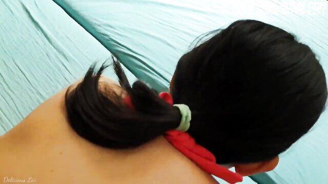 Sweet Korean girl with ponytail on bed, nude back view, sugar daddy pregnancy fetish