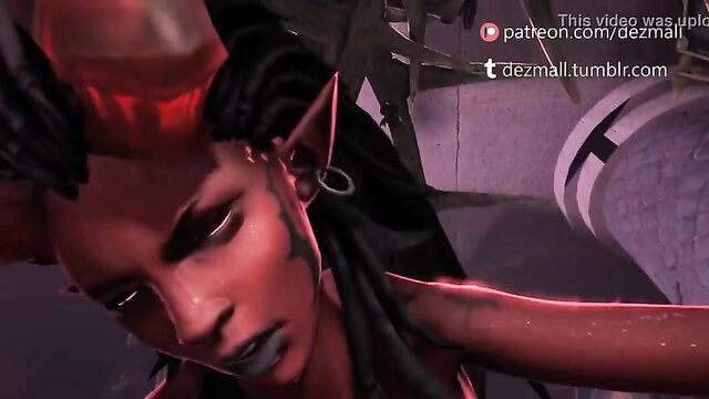 Sexy dark elf demon girl with horns in erotic sacrifice pose