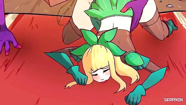 Blonde plant girl in green armor dominated by purple alien hand, bent over hentai scene