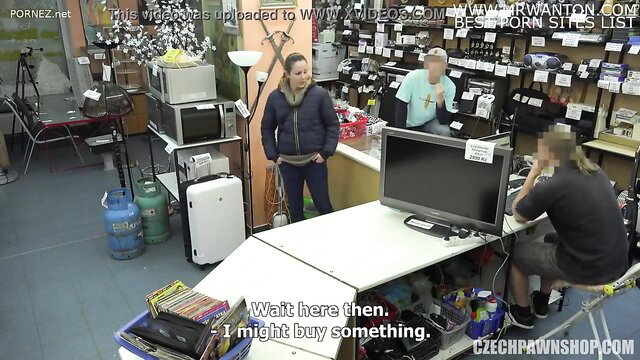 Czech pawnshop babe in puffy jacket eyes anal action with guys