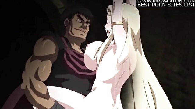 Kuroinu Black Beast hentai: muscular dark elf man gropes huge tits of busty blonde elf woman