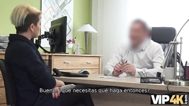 Blonde with undercut in office interview, fast food worker needs cash