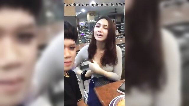 Amateur Asian teen in gray sweater accidental upskirt at store table