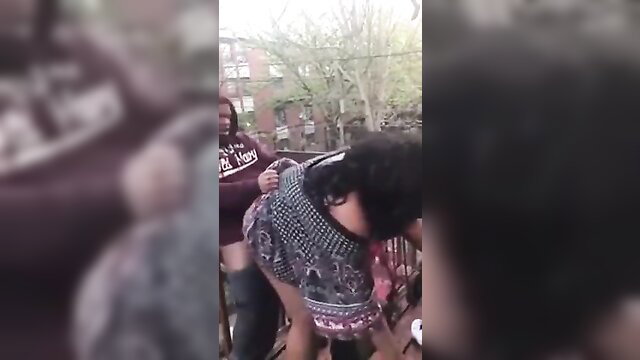 Ebony woman bent over railing, thick ass exposed outdoor amateur fuck