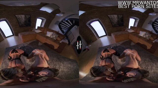 Shalina Devine bound in lingerie in dark VR room, sexy secret pose