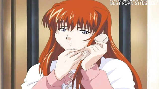 Redhead hentai girl in pink sweater on phone, hot anime teen face closeup