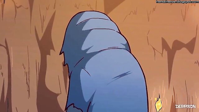 Blue cloaked anime girl with plump ass bending over in cave, Derpixon FandelTales