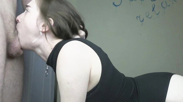 Dee Dee deepthroats cock, student in black bodysuit gives sloppy BJ