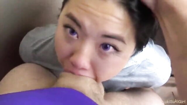 Asian girl gagging on thick cock in closeup POV blowjob