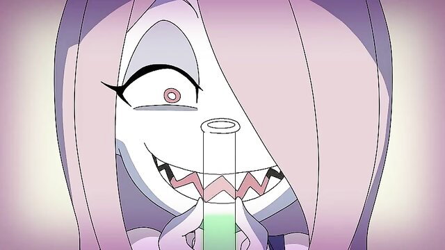 Sucy LWA anime girl winking with green test tube, mischievous smile
