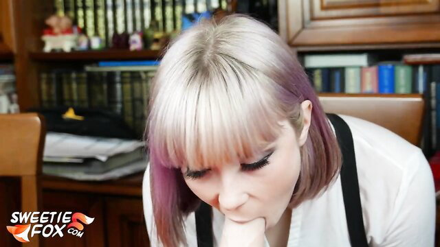 Pale goth student with bangs sucks finger in pigtails, blowjob tease