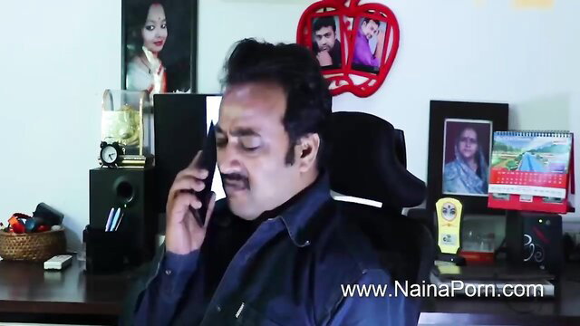 Hot Indian milf on phone call in office, big boobs tease