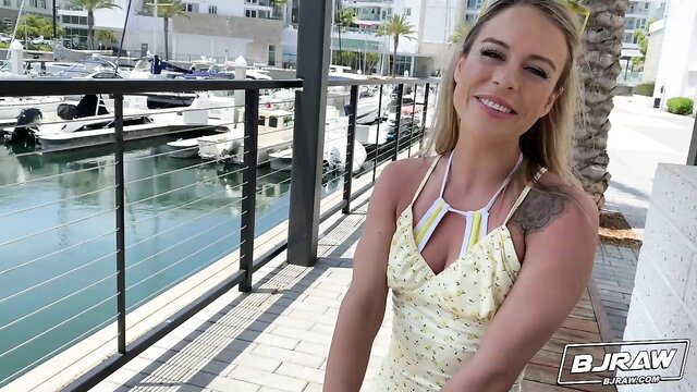 Summer Vixen blonde in yellow dress at marina, BJ Raw