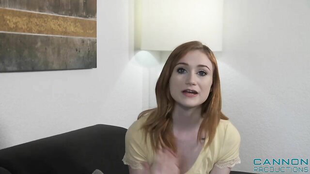 Petite redhead Scarlet Skies in yellow top interview style