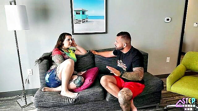 Neveah Rose tattoos chats with buff stepbro on couch