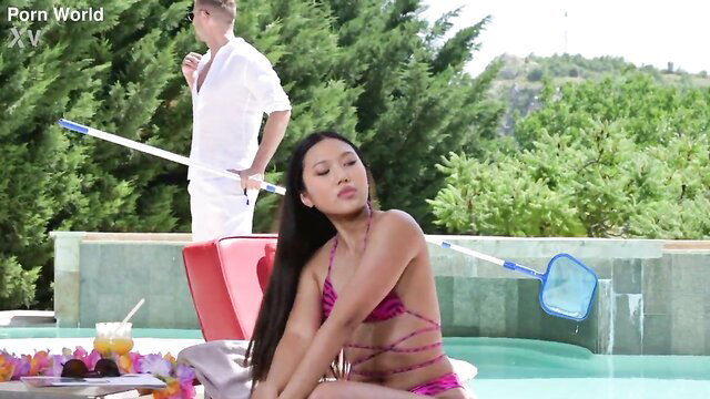 May Thai in hot pink bikini by pool, Asian slut ready for DP gangbang