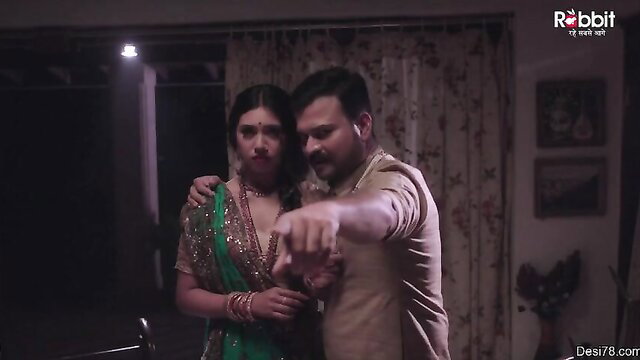 Indian Bhabhi in green saree embraces man intimately, Rabbit Movies