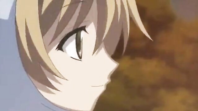 Cute anime girl with blonde hair and green eyes smiling sideways in JAV hentai thumbnail