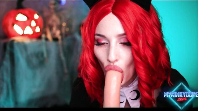 Mykinkydope in witch cosplay licks cock closeup, cumshot face