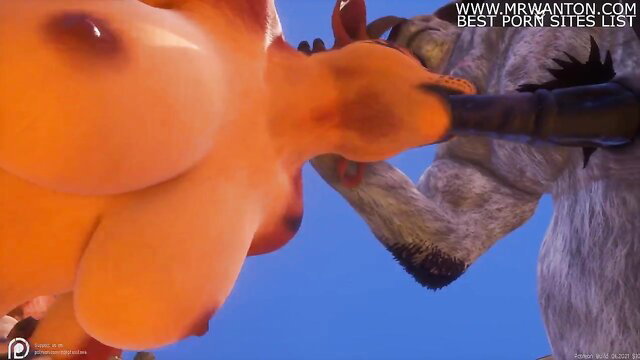 Furry cow with huge orange tits fucked by massive bull in Wild Life orgy