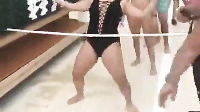 OOPS! Busty Latina in black bikini flashes wet crack poolside