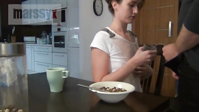 MarssyX white woman in wet t-shirt holds dick over breakfast bowl