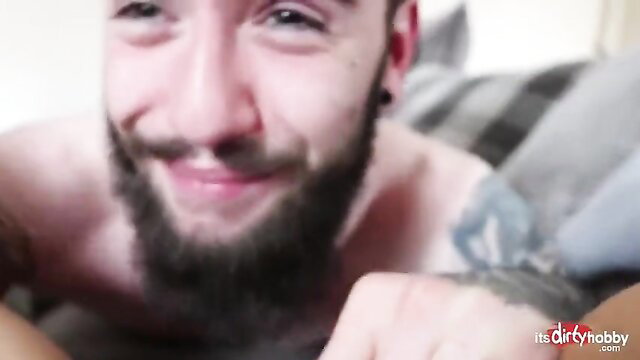 Handsome bearded man smiling closeup in amateur adult video thumbnail