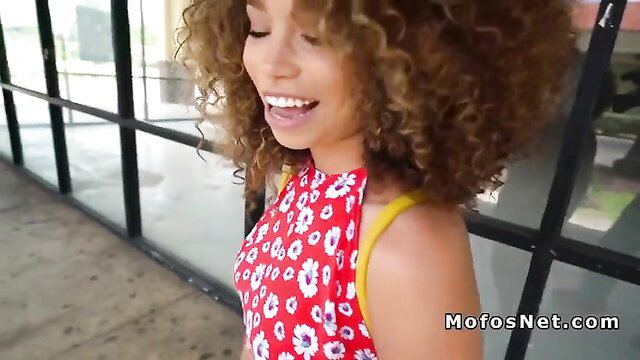 Cecilia Lion braless black hottie smiling in floral dress POV