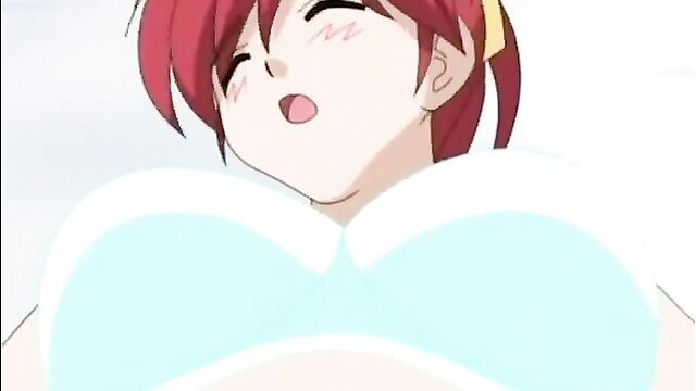 Redhead anime JAV babe with huge tits in blue lingerie smiling