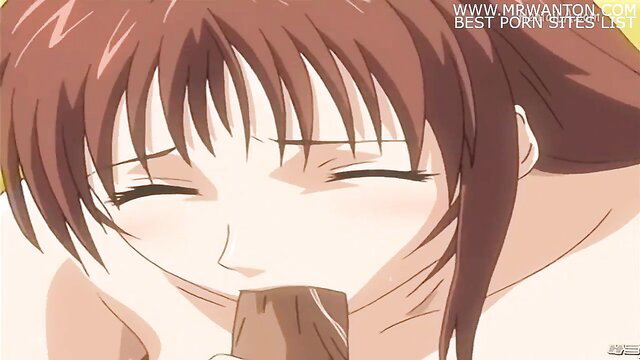 Anime girl with brown hair sucks phallic object closeup