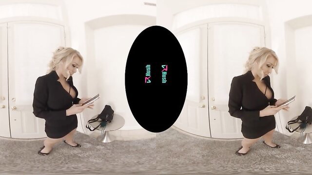 Busty MILF Katie Morgan in tight dress ready for VRHush stress relief