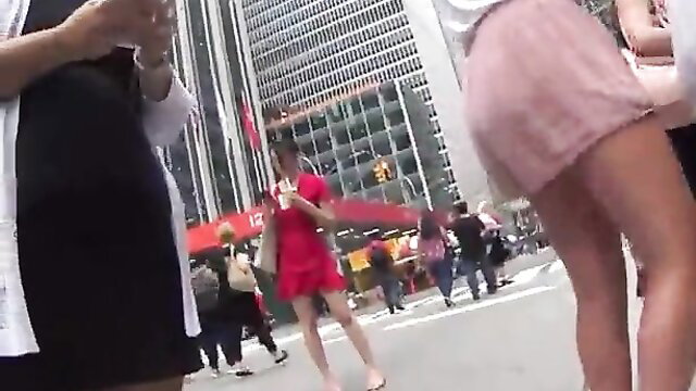 Amateur spy cam Asian teen in pink skirt and red dress crossing street