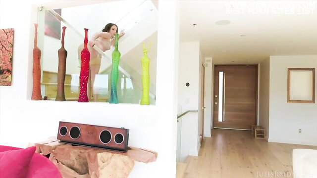 Charly Summer topless in red thong leaning on stairs at JulesJordan