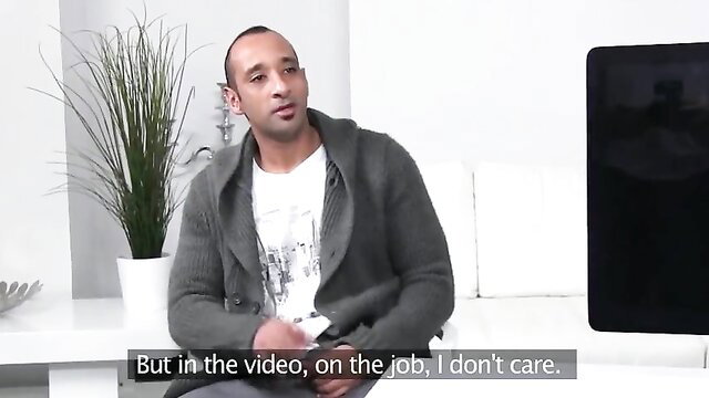 Nervous black actress in hoodie on job interview, large chap test