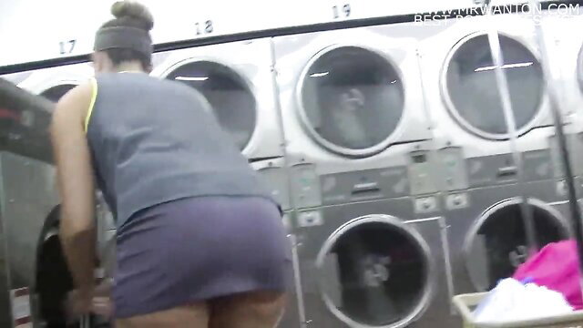 Helena Price upskirt ass tease in public laundry, exhibitionist MILF flashing
