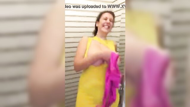 Busty brunette oops wardrobe malfunction, yellow dress slips exposing big tits
