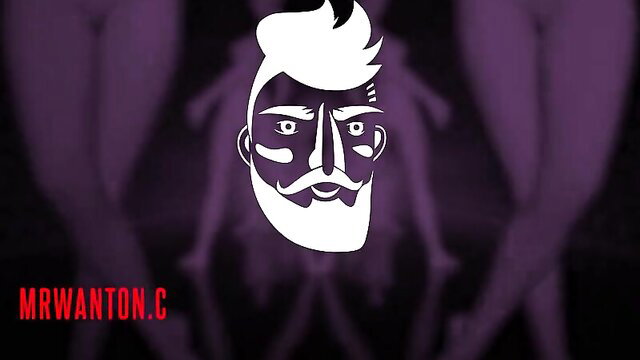 Stylized purple MrWantOn adult video thumbnail with bearded man logo