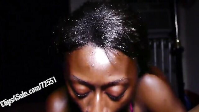 Black woman closeup eyes on BBC practice blowjob