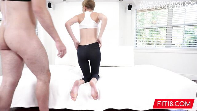 Alicia Williams skinny pixie in tight leggings bends over nude guy on bed