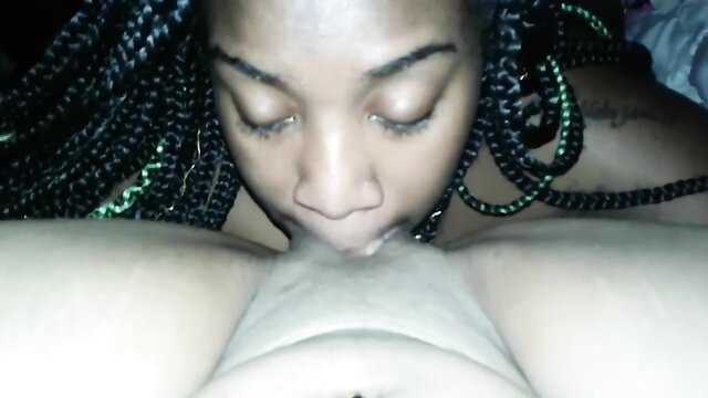 Black bestie with braids eating pussy closeup, she loves it amateur