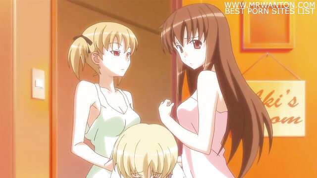 Blonde and brunette anime girls in lingerie fondling blond boy hentai thumbnail